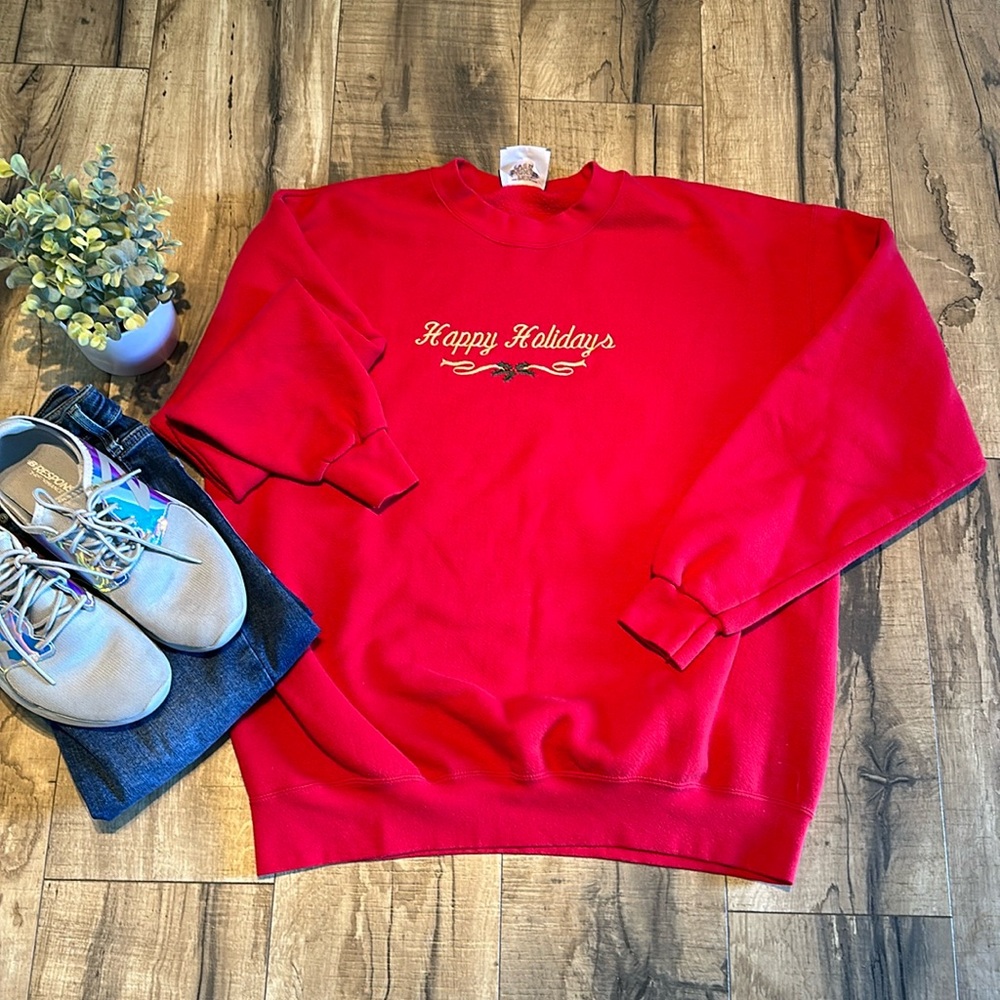 Vintage 90s Happy Holidays Ugly Christmas Holiday Red Sweater Womens Large